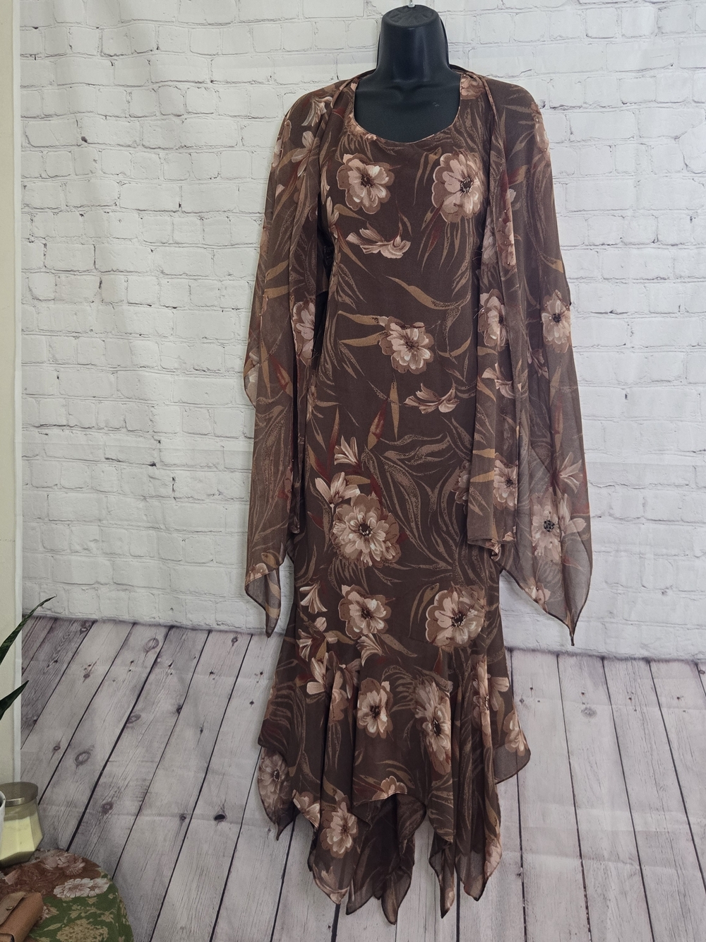 Eva Blue Y2k handkerchief hem  floral chiffon fairy dress w beaded Shawl Wrap